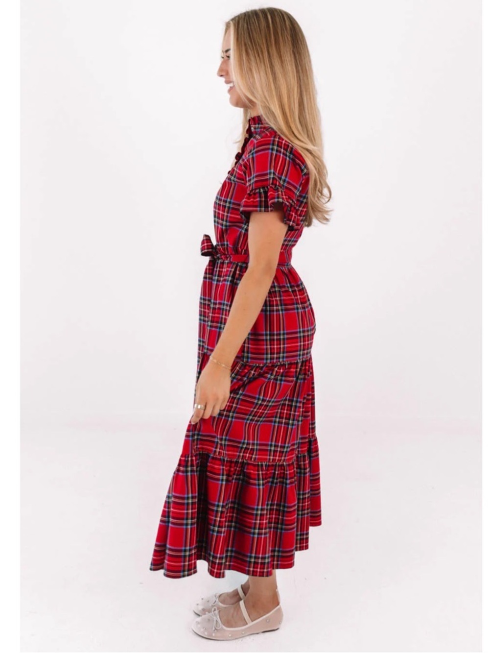 J. MARIE XS HOLLIN BELTED SHORT SLEEVE MIDI DRESS RED TARTAN PLAID NWT $180 - Picture 3 of 15